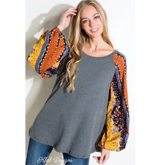 ❤️LAST 1! Boho Floral Mix Puff Sleeve Ribbed Knit Super Soft Top! - Picture 1 of 7
